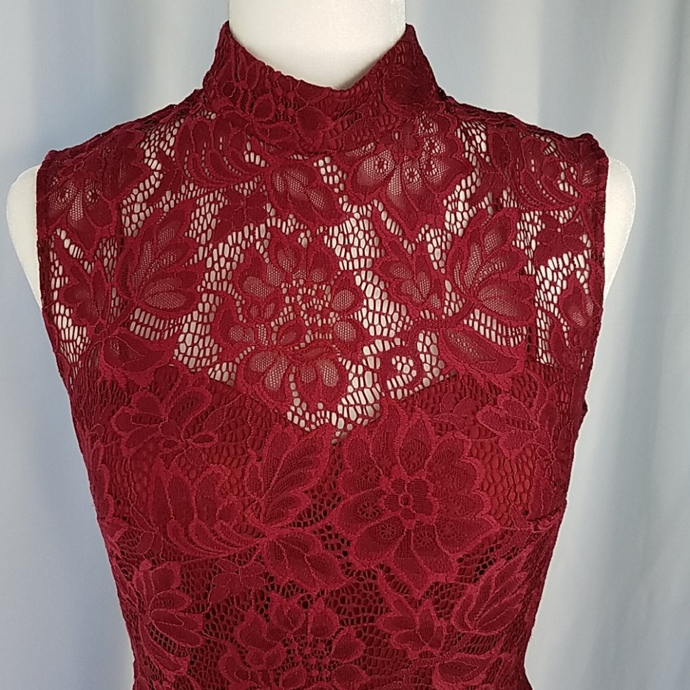 Betsy & Adam Burgundy Wine Lace Gown